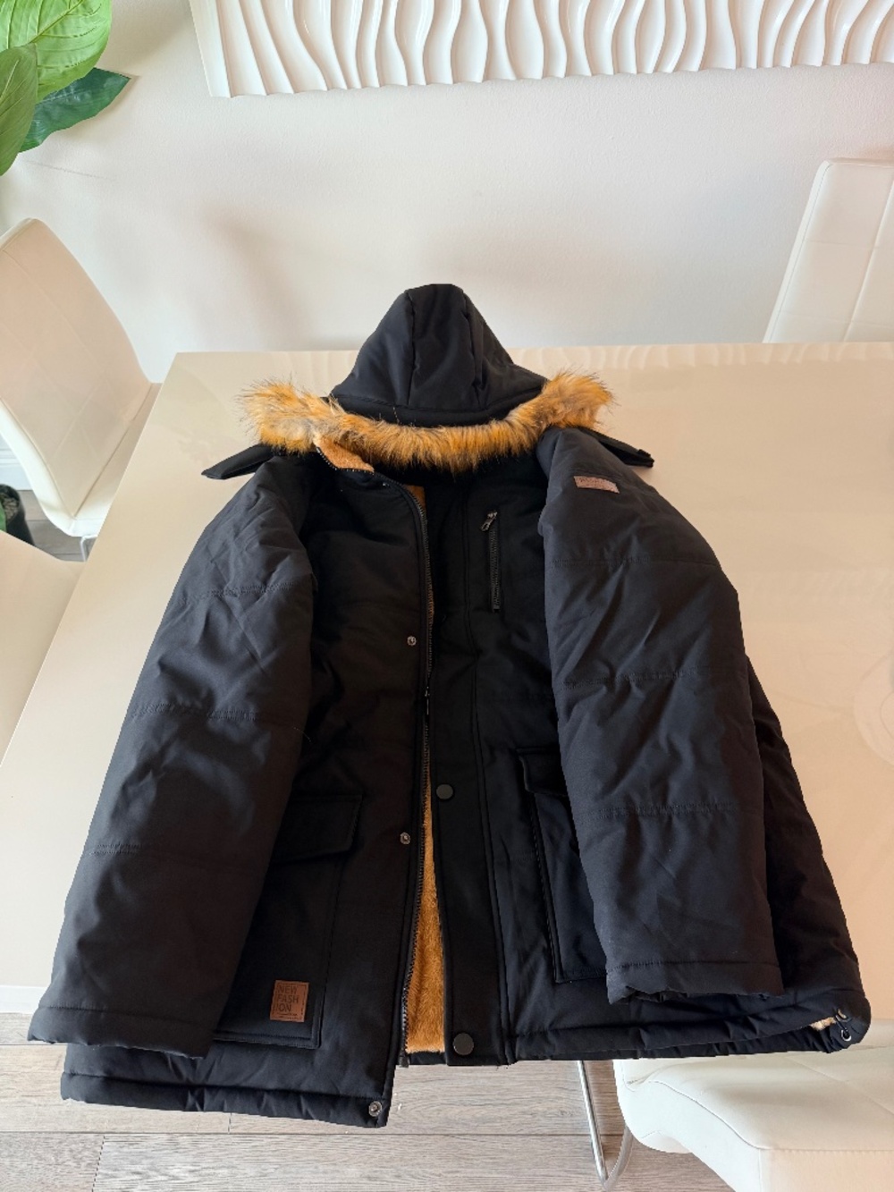 Men's Black Faux Fur Lined Hooded Winter Parka Jacket XL